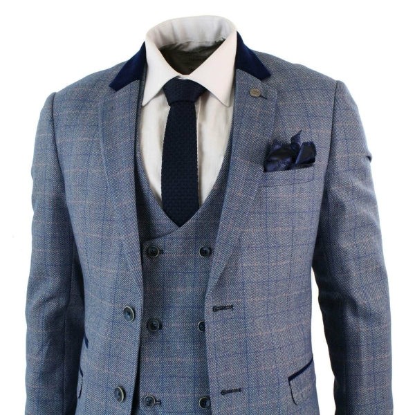 Mens 3 Piece Blue Check Suit - Marc Darcy Hilton