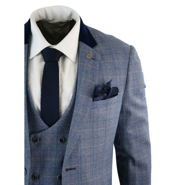 Mens 3 Piece Blue Check Suit - Marc Darcy Hilton