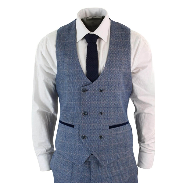 Mens 3 Piece Blue Check Suit - Marc Darcy Hilton