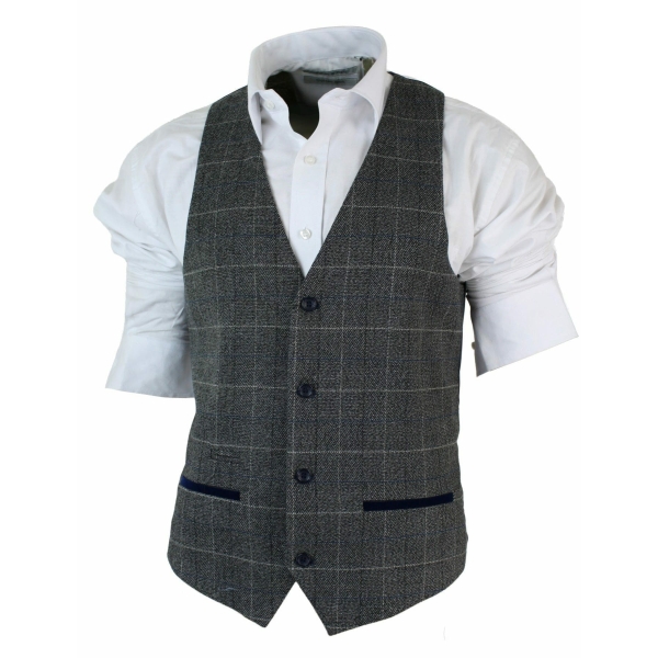 Mens Slim Fit Check Grey Tan Brown Waistcoat Smart Casual Tweed Check Navy-Grey Navy