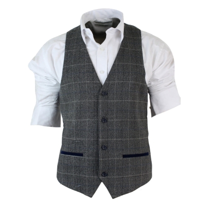 Mens Slim Fit Check Grey Tan Brown Waistcoat Smart Casual Tweed Check Navy-Grey Navy