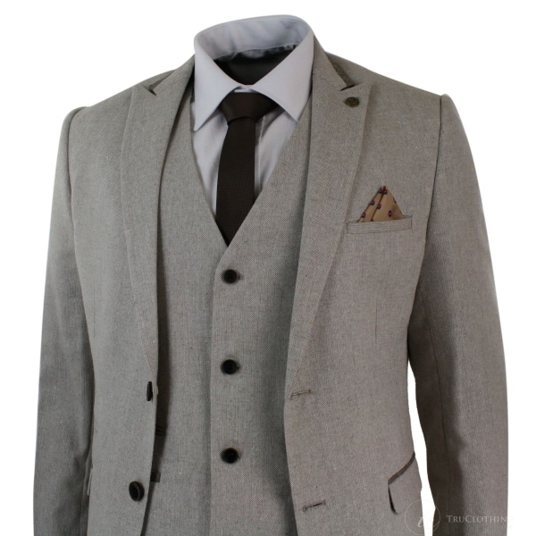 Mens Herringbone Tweed 3 Piece Suit Velvet Trim Classic Vintage Slim Fit Beige