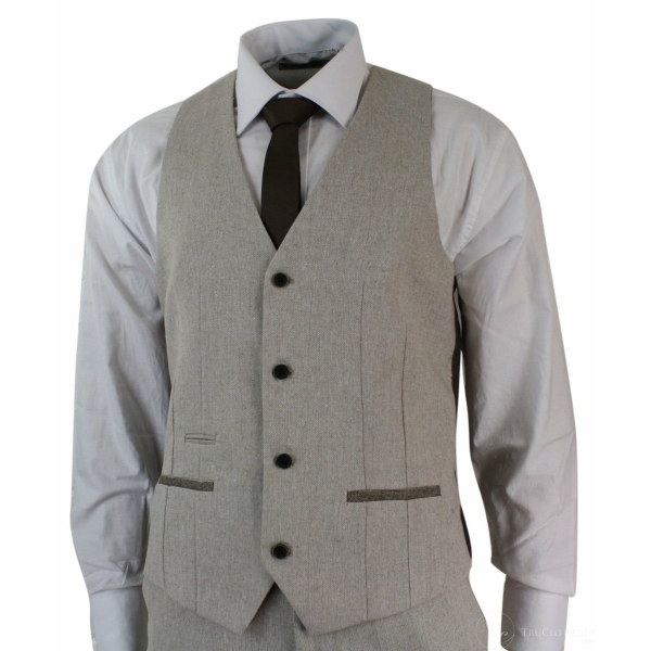 Mens Herringbone Tweed 3 Piece Suit Velvet Trim Classic Vintage Slim Fit Beige