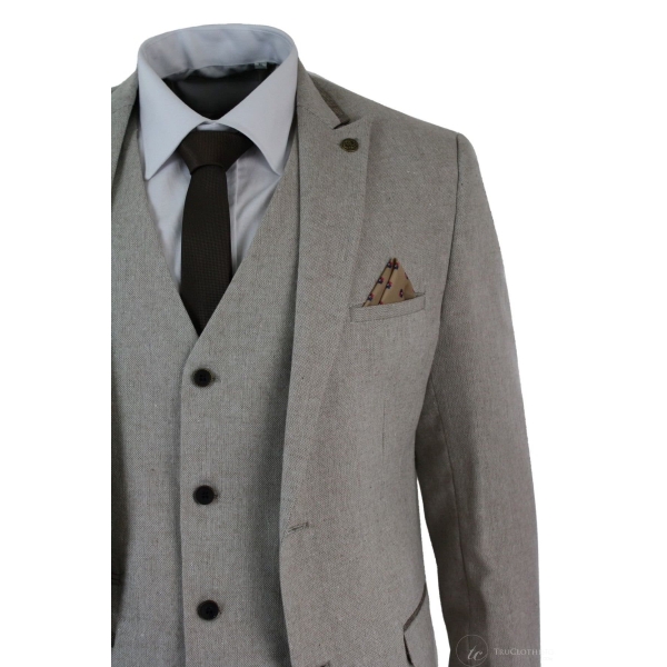 Mens Herringbone Tweed 3 Piece Suit Velvet Trim Classic Vintage Slim Fit Beige