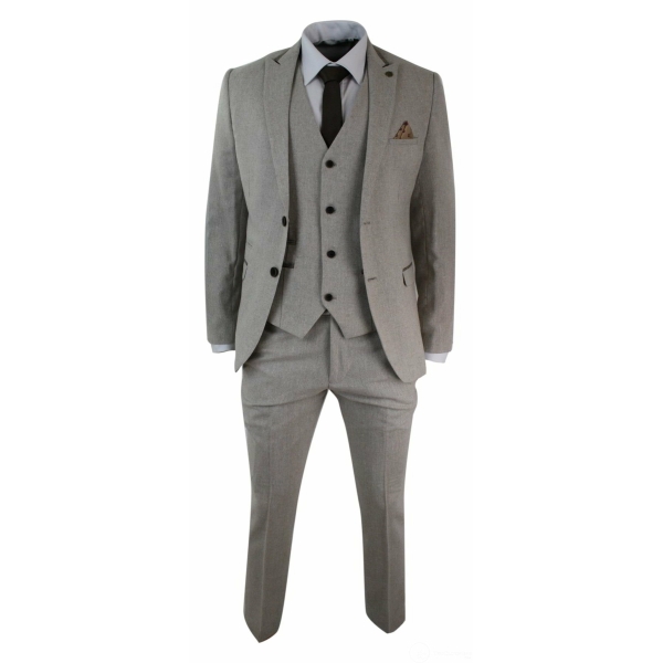 Mens Herringbone Tweed 3 Piece Suit Velvet Trim Classic Vintage Slim Fit Beige