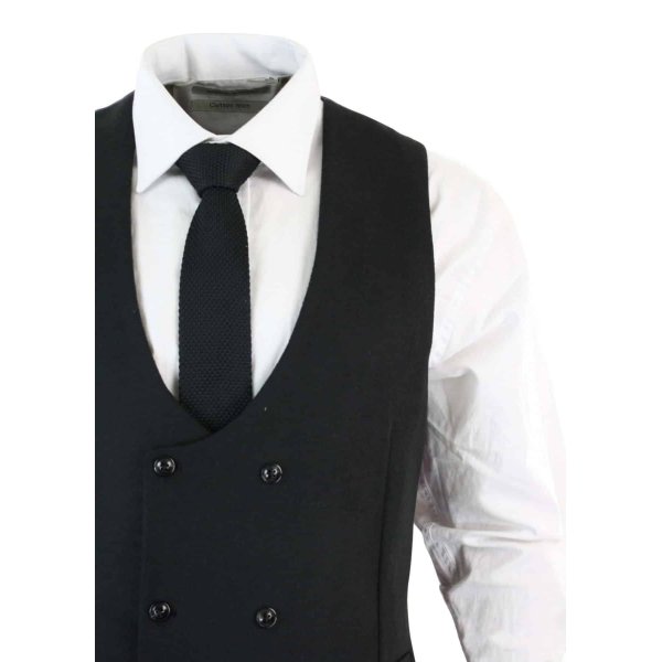 Mens Double Breasted Felt Tweed Vintage Retro Classic Waistcoat Slim Fit Herringbone-Melton DBC Black