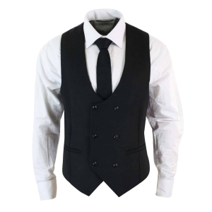 Mens Double Breasted Felt Tweed Vintage Retro Classic Waistcoat Slim Fit Herringbone-Melton DBC Black