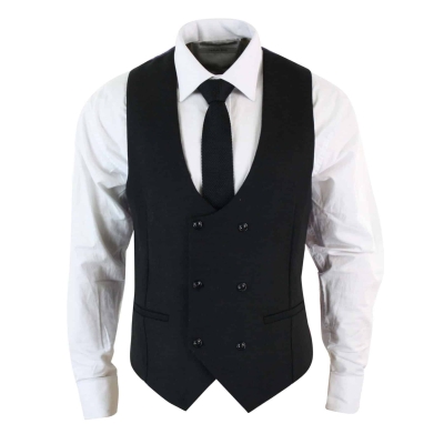 Mens Double Breasted Felt Tweed Vintage Retro Classic Waistcoat Slim Fit Herringbone-Melton DBC Black