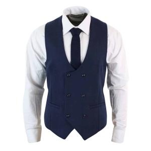 Mens Double Breasted Felt Tweed Vintage Retro Classic Waistcoat Slim Fit Herringbone-Melton DBC Blue