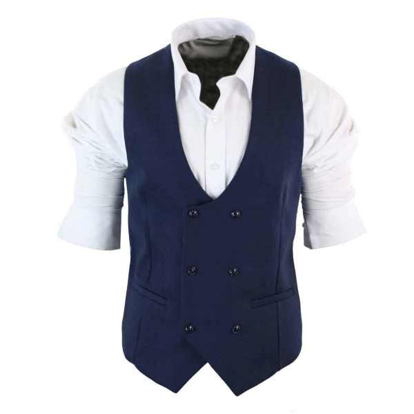 Mens Double Breasted Felt Tweed Vintage Retro Classic Waistcoat Slim Fit Herringbone-Melton DBC Blue