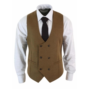 Mens Double Breasted Felt Tweed Vintage Retro Classic Waistcoat Slim Fit Herringbone-Melton DBC Tan