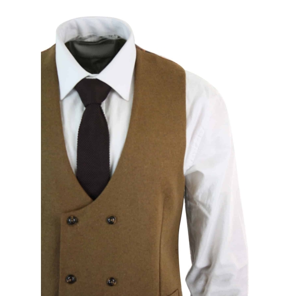 Mens Double Breasted Felt Tweed Vintage Retro Classic Waistcoat Slim Fit Herringbone-Melton DBC Tan