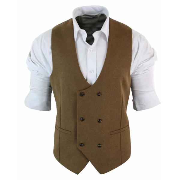 Mens Double Breasted Felt Tweed Vintage Retro Classic Waistcoat Slim Fit Herringbone-Melton DBC Tan