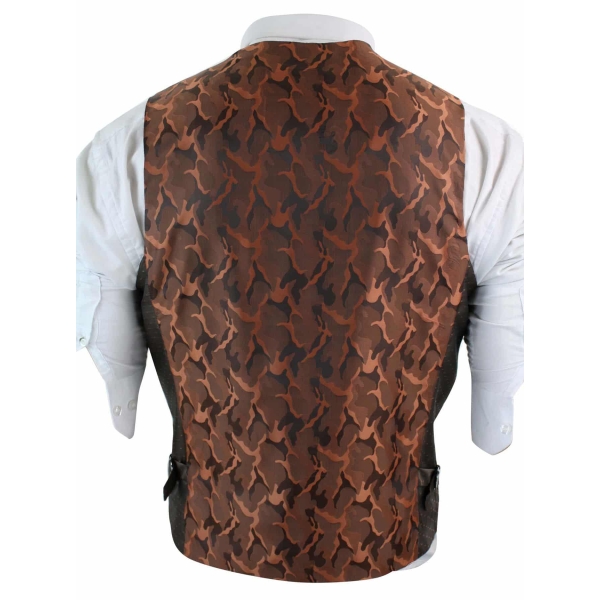 Mens Double Breasted Felt Tweed Vintage Retro Classic Waistcoat Slim Fit Herringbone-Melton DBC Tan