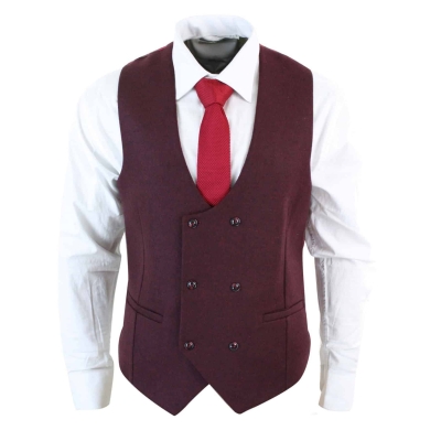 Mens Double Breasted Felt Tweed Vintage Retro Classic Waistcoat Slim Fit Herringbone-Melton DBC Wine