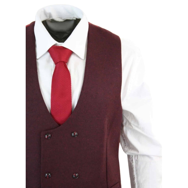 Mens Double Breasted Felt Tweed Vintage Retro Classic Waistcoat Slim Fit Herringbone-Melton DBC Wine