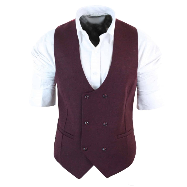 Mens Double Breasted Felt Tweed Vintage Retro Classic Waistcoat Slim Fit Herringbone-Melton DBC Wine