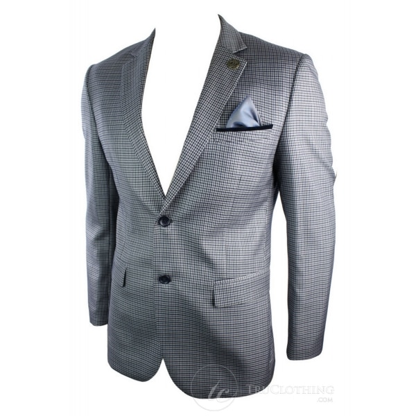 Mens Tweed Vintage Retro Grey Checked Blazer Elbow Patch Black Trim Tailored