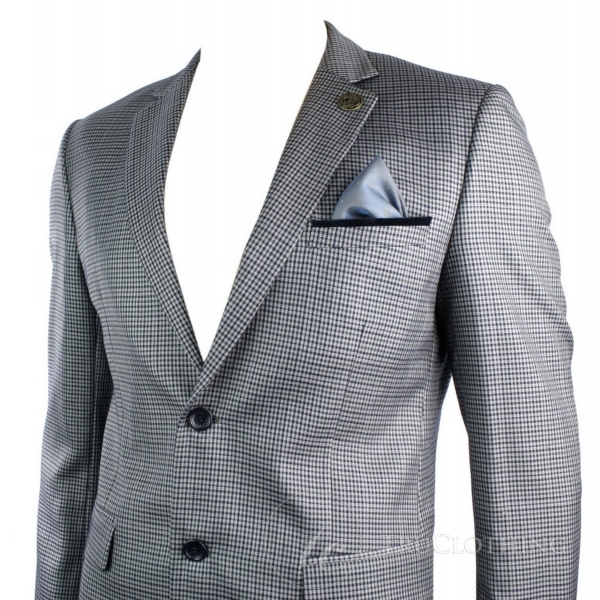 Mens Tweed Vintage Retro Grey Checked Blazer Elbow Patch Black Trim Tailored