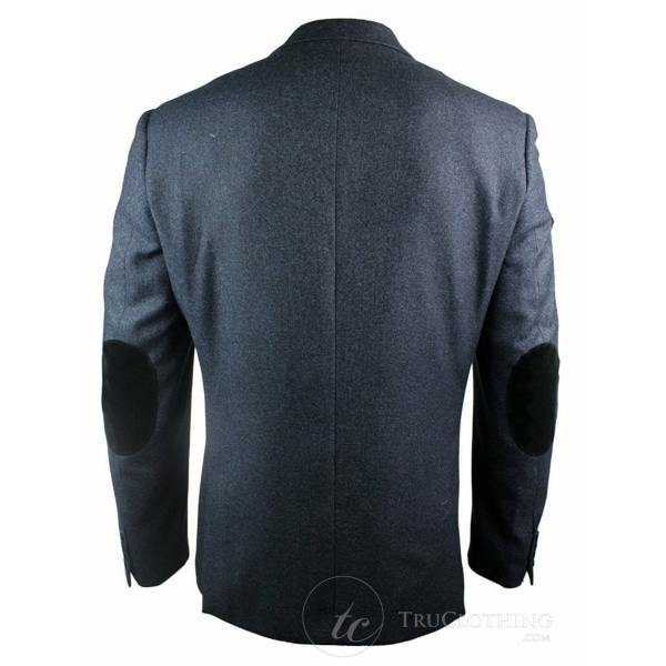 Mens Navy Blue Vintage Twead Blazer Jacket Black Velvet Elbow Smart Casual