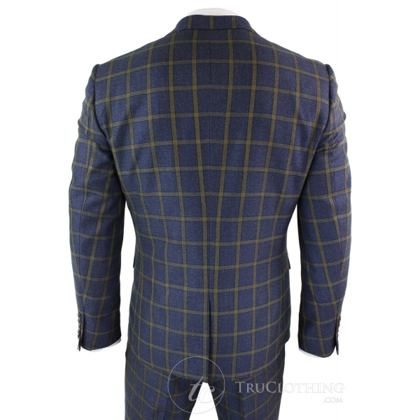 Marc Darcy SBC Roman - Mens 3 Piece Blue Gold Slim Fit Prince Of Wales Check Suit Marc Darcy Wedding Prom