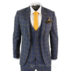 Marc Darcy SBC Roman – Mens 3 Piece Blue Gold Slim Fit Prince Of Wales Check Suit Marc Darcy Wedding Prom