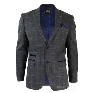 Mens Grey Check Herringbone Tweed Vintage Fit Blazer Jacket Blue Velvet Trim-Grey