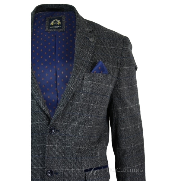 Mens Grey Check Herringbone Tweed Vintage Fit Blazer Jacket Blue Velvet Trim-Grey