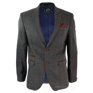 Mens Grey Check Herringbone Tweed Vintage Fit Blazer Jacket Blue Velvet Trim-Tan