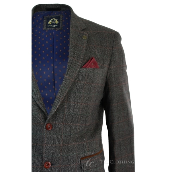 Mens Grey Check Herringbone Tweed Vintage Fit Blazer Jacket Blue Velvet Trim-Tan