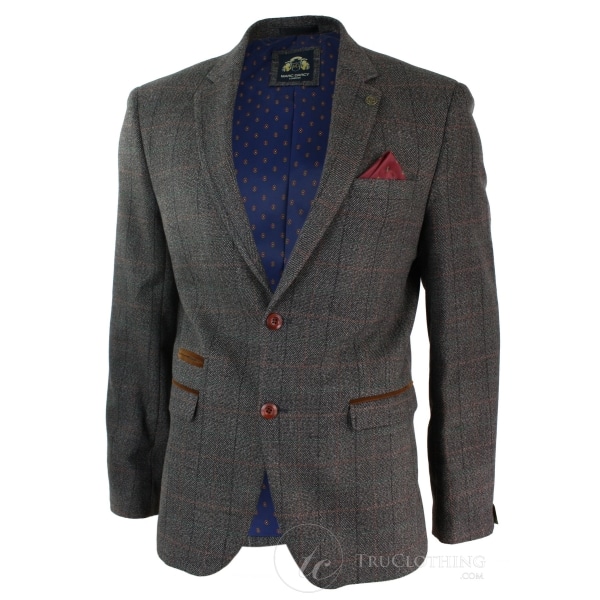 Mens Grey Check Herringbone Tweed Vintage Fit Blazer Jacket Blue Velvet Trim-Tan