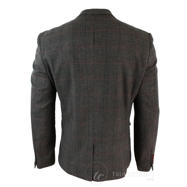 Mens Grey Check Herringbone Tweed Vintage Fit Blazer Jacket Blue Velvet Trim-Tan