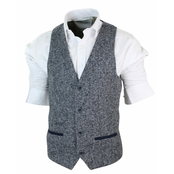 Mens Grey Blue Herringbone Tweed Slim Fit Chunky Waistcoat Blazer Smart Casual