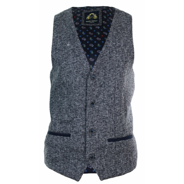 Mens Grey Blue Herringbone Tweed Slim Fit Chunky Waistcoat Blazer Smart Casual