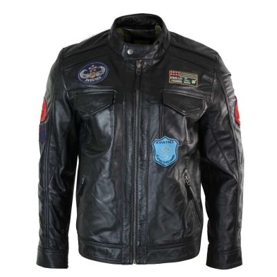 Aviatrix Real Leather Marker Mens Black Zip Jacket Badge Design Racing US Pilot Casual