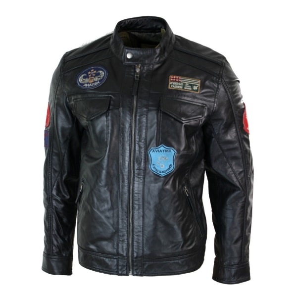 Aviatrix Real Leather Marker Mens Black Zip Jacket Badge Design Racing US Pilot Casual