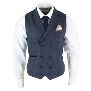 Cavani Martez – Mens Herringbone Tweed Gatsby Peaky Blinders Classic Double Breasted Waistcoat – Blue