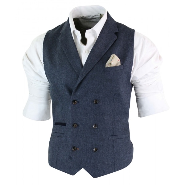 Cavani Martez - Mens Herringbone Tweed Gatsby Peaky Blinders Classic Double Breasted Waistcoat - Blue