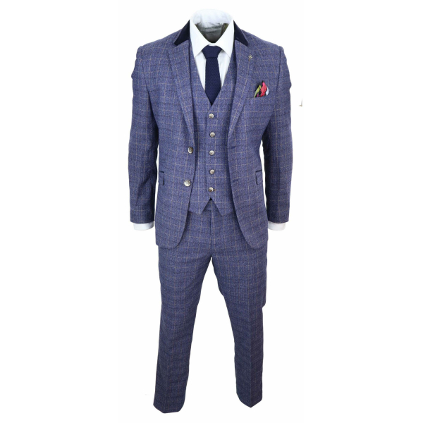 Mens Blue Check 3 Piece Suit - Cavani Matteo