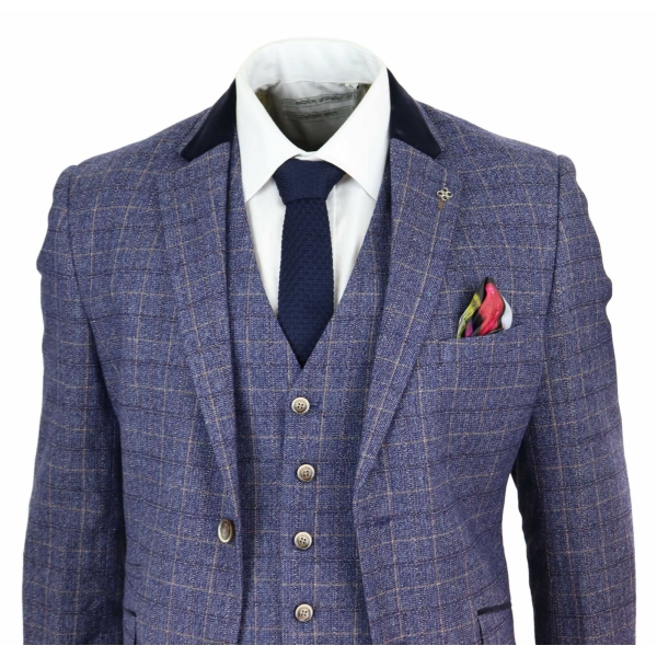 Mens Blue Check 3 Piece Suit - Cavani Matteo