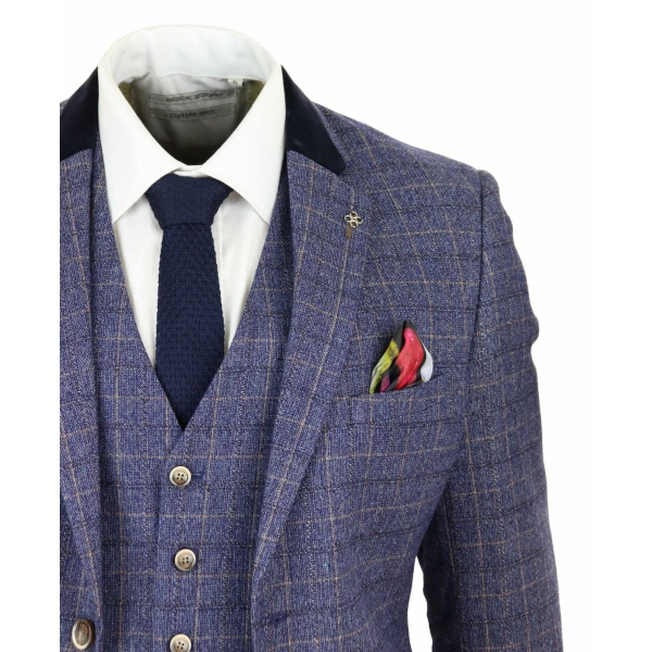 Mens Blue Check 3 Piece Suit - Cavani Matteo