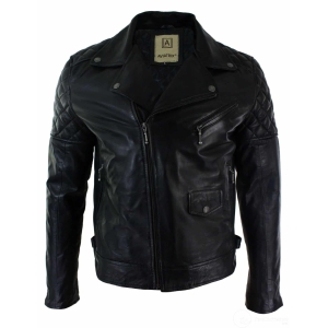 Real Leather Cross Zip Mens Biker Jacket Black Tailored Fit Retro Casual