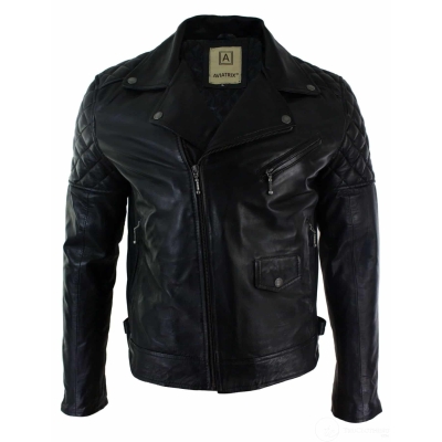 Real Leather Cross Zip Mens Biker Jacket Black Tailored Fit Retro Casual