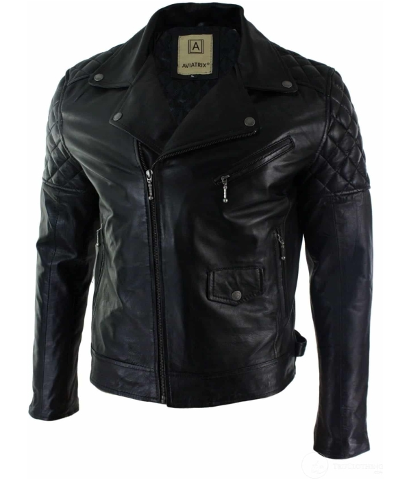 Real Leather Cross Zip Mens Biker Jacket Black Tailored Fit Retro Casual