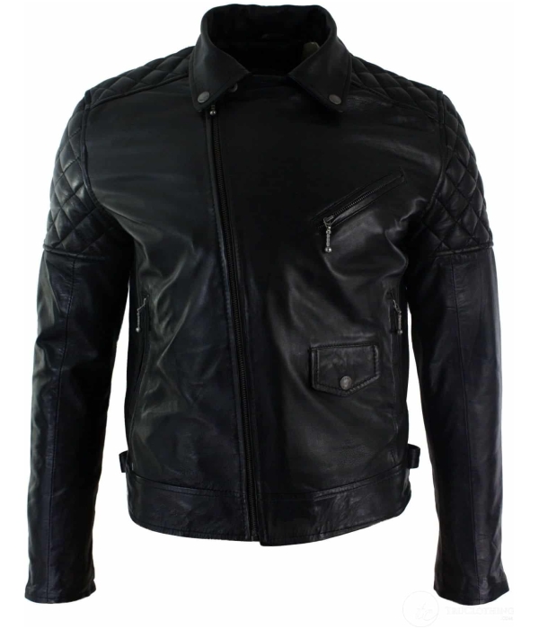 Real Leather Cross Zip Mens Biker Jacket Black Tailored Fit Retro Casual