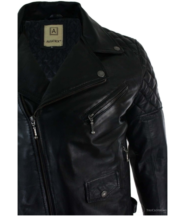 Real Leather Cross Zip Mens Biker Jacket Black Tailored Fit Retro Casual