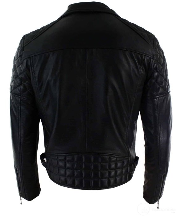 Real Leather Cross Zip Mens Biker Jacket Black Tailored Fit Retro Casual