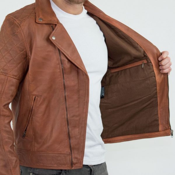 Real Leather Vintage Washed Brown Timber Mens Biker Jacket Cross Zip Retro Casual-Nevada Timber