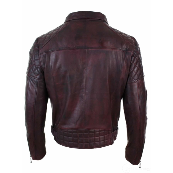 Real Leather Vintage Washed Brown Black Burgundy Blue Timber Mens Biker Jacket Cross Zip Retro Casual-Pepsi Burgundy