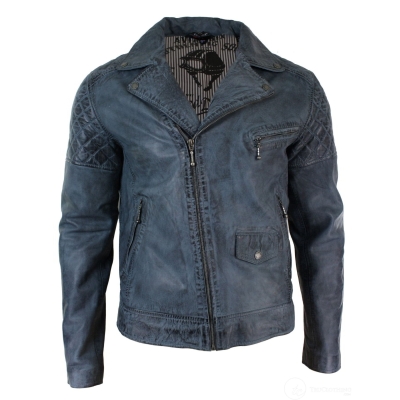 Real Leather Vintage Washed Biker Mens Jacket Cross Zip Retro Casual - Blue Colour